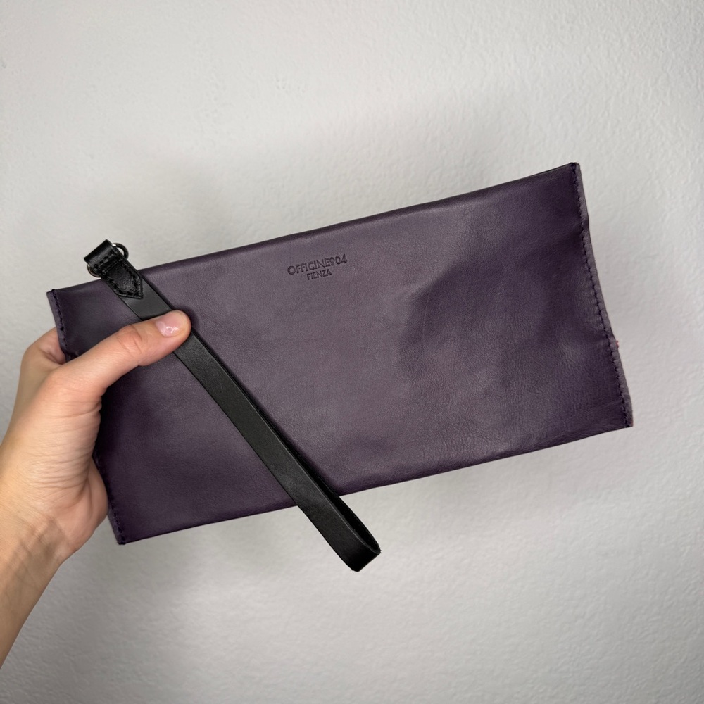 Officine 904 Purple Leather Wristlet Clutch Red Interior Silver Hardware